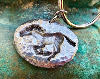 Running Horse Key Chain, Mustang Key Ring, Hammered
