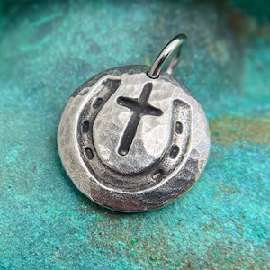 Horseshoe Cross Pendant, Rustic Western Jewelry, Hand Cast Pewter Charm