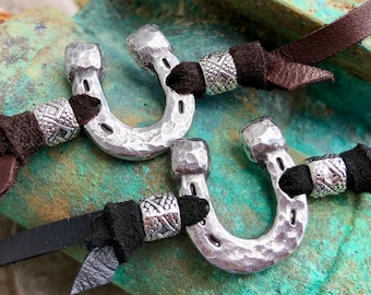 Hammered Horse Shoe Wrap Bracelet, Brown or Black Leather Adjustable