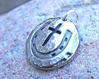Cowgirl Cross Pendant, Horse Shoe Cross Charm, Rustic Hammered Jewelry, Western Jewelry, Faith, Luck, Hand Cast Pewter