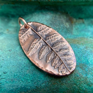 Copper Oval Fern Pendant, Botanical Focal Pendant, Gardener Gift, Summer Jewelry, Woodland Pendant, Rustic Antiqued, Hand Hammered
