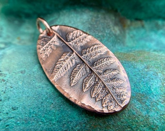 Copper Oval Fern Pendant, Rustic Botanical Focal Pendant