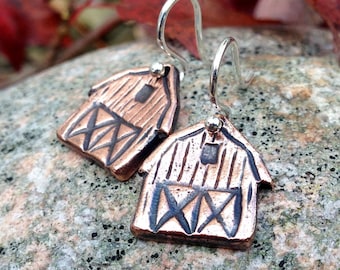 Copper Barn Earrings, Sterling Silver Ear Wires, Rustic Farm Jewelry