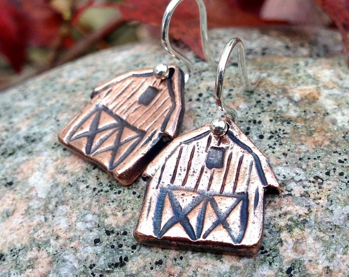 Copper Barn Earrings, Sterling Silver Ear Wires, Rustic Farm Jewelry