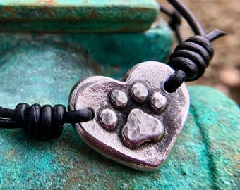 Adjustable Paw Print Heart Bracelet, Pet Love Jewelry, Hand Cast Pewter and Leather, Dog Cat Mom Gift, Gift for Her