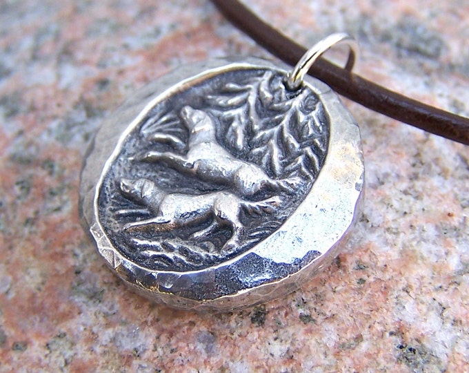 Two Dogs in the Woods Pendant, Rustic Hand Cast Pewter, Dog Jewelry