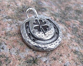 Horseshoe Four Leafed Clover Charm, Rustic Handmade Pewter Jewelry