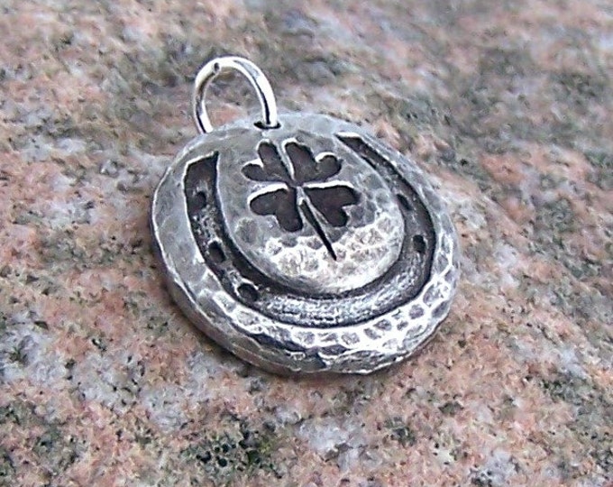 Horseshoe Four Leafed Clover Charm, Rustic Handmade Pewter Jewelry