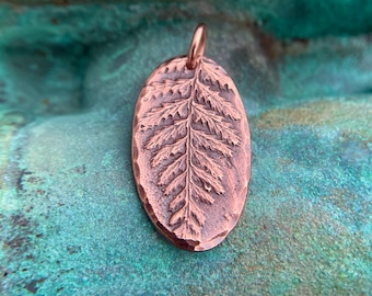 Copper Oval Fern Pendant, Botanical Focal, Gardener Gift, Summer Jewelry, Rustic Forest Folage