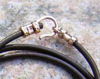 Brown or Black Leather Cord with Copper Clasp, 2mm, Hook and Loop Clasp, you choose the length