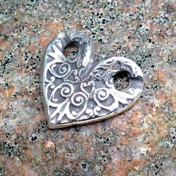 Heart Pendant or Bracelet Link, Lace Connector, Heart Slide, Love, Valentine, Hand Cast Pewter, Friendship,