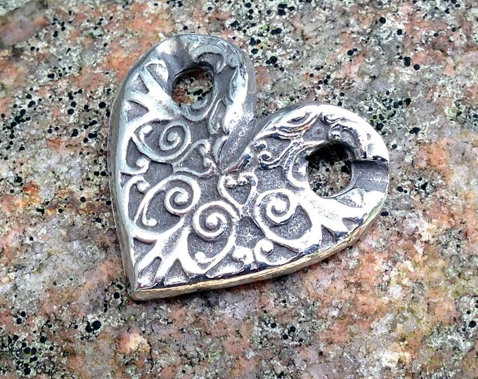 Heart Pendant or Bracelet Link, Handcast Pewter Slide Connector