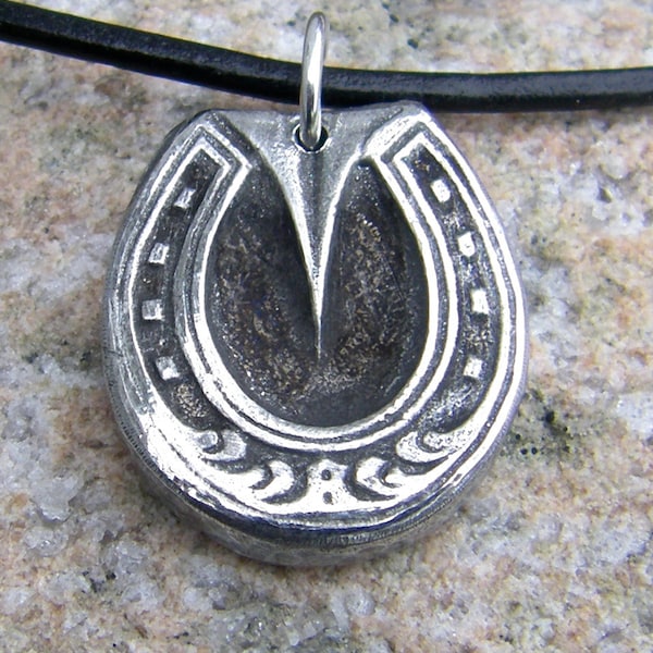 Fancy Horse Shoe Necklace, Horseshoe Pendant, Rustic Jewelry, Unique Equestrian Gift, Shod Hoof, Hand Cast Pewter