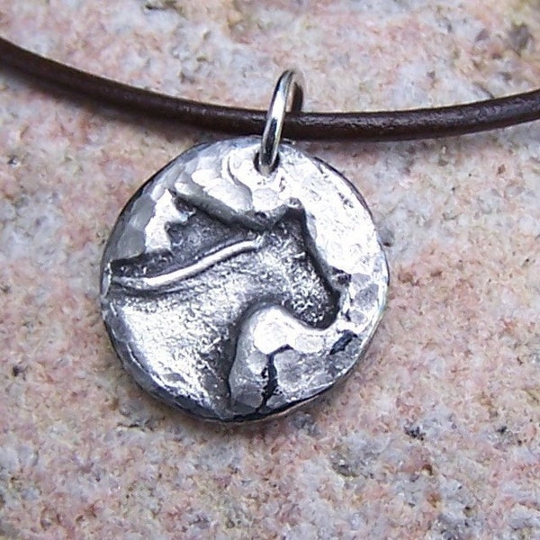 Running Horse Head Necklace, Rustic Jewelry, Mustang Pendant, Gift for Her, Equestrian, Hand Cast Pewter, Hammered Texture