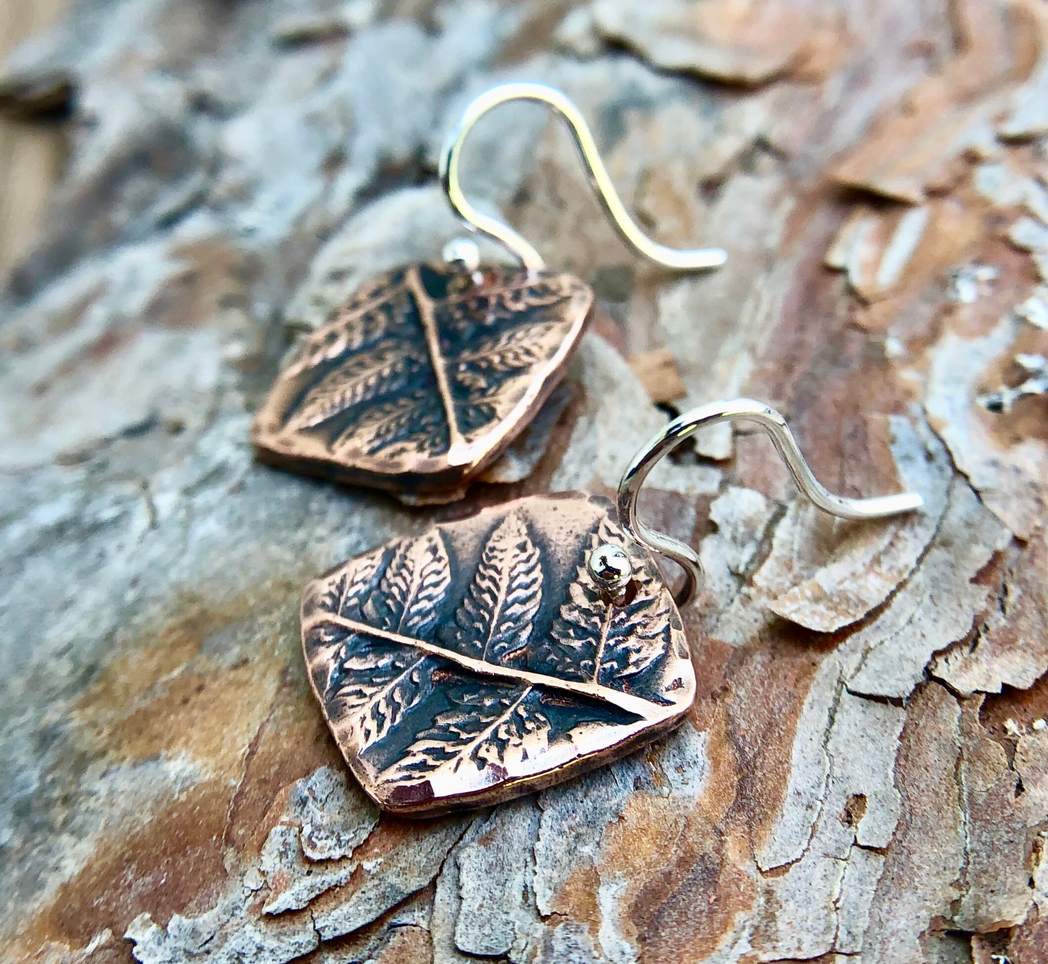 Small Copper Fern Earrings on Sterling Silver Earwires