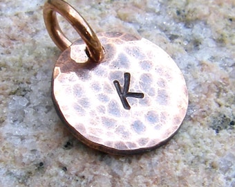 Tiny Copper Tag Charm, Hand Stamped Letter, Custom Initial