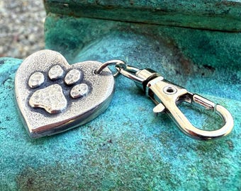 Paw Print on Heart Purse Charm, Rustic Bag Clip Accessory, Hand Cast Pewter