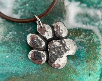 Chunky Paw Print Necklace, Pet Lover Pendant, Dog Mom Gift, Hand Cast Pewter, Rustic Hammered Texture