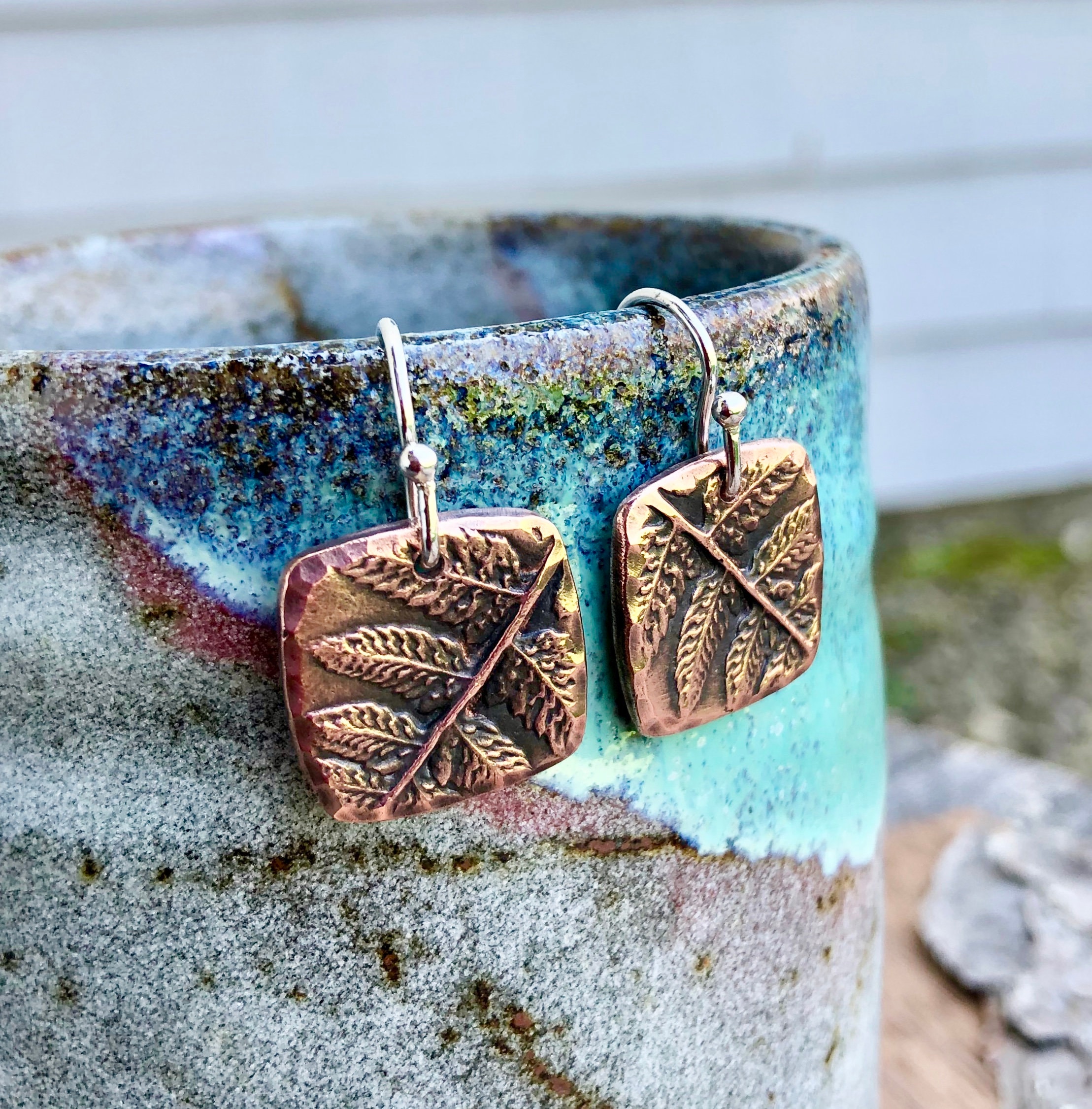 Small Copper Fern Earrings on Sterling Silver Earwires