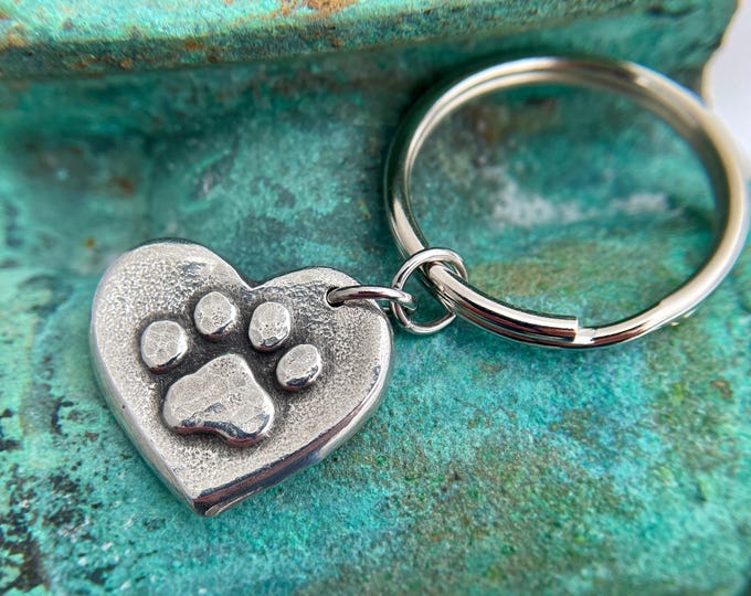 Paw Print on my Heart Keychain, Rustic Handmade Pet Love Key Ring