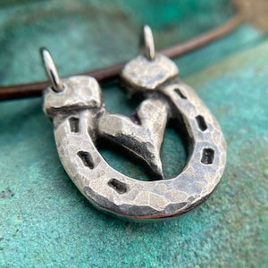 Heart in Horse Shoe Necklace, Rustic Handmade Jewelry, Hand Hammered, Equestrian Gift, Hand Cast Pewter