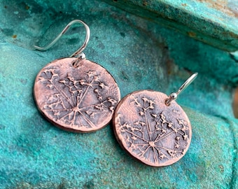 Copper Queen Annes Lace Earrings, Drop, Dangle Sterling Silver Earwires, Nature Lover Gift