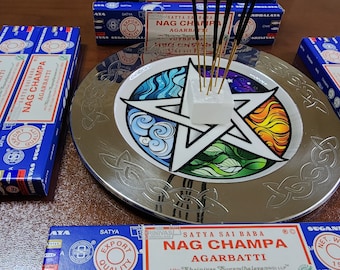 Wicca Pentagram Altar Incense Round Steel Plate, 12 x 15g Incense packs with Selenite Holder bundle Mother's day, Spiritual gift set