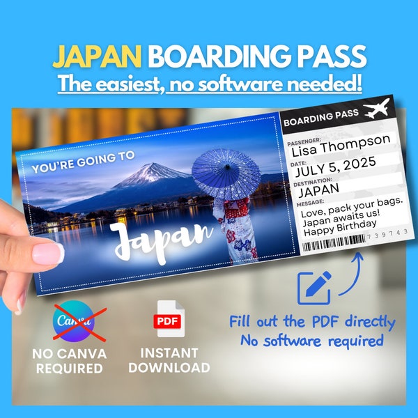 Customizable Japan Fake Plane Ticket - Perfect unique Gift Idea for travel lovers & surprise trips