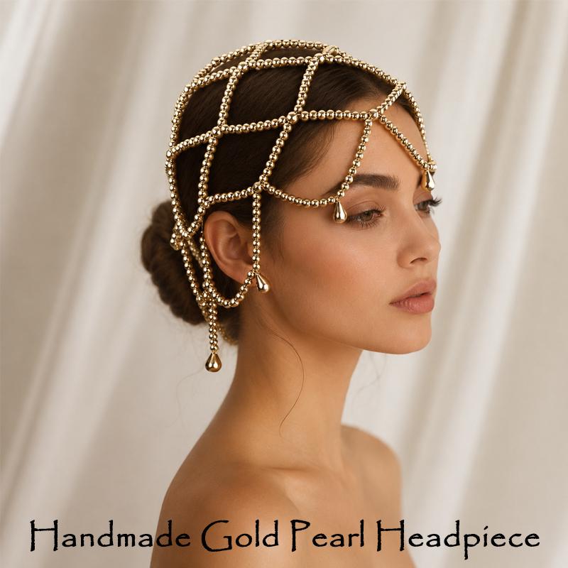 Gold Pearl Headpiece, Handmade Beaded Hair Crown, Bridal Head Chain, Boho Wedding Hair Accessory, Goddess Hair Jewelry, Best Gift For Her