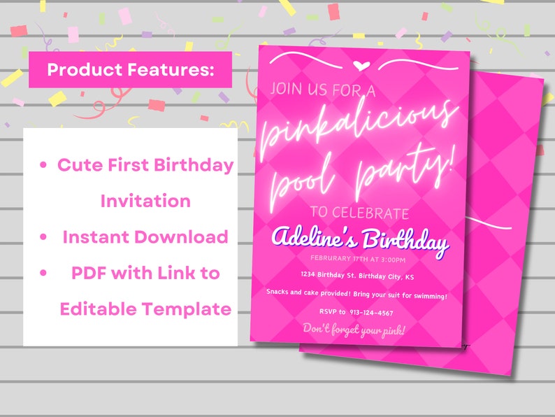 Pinkalicious Pool Party Birthday Invitation 5x7 Editable Invitation - Etsy