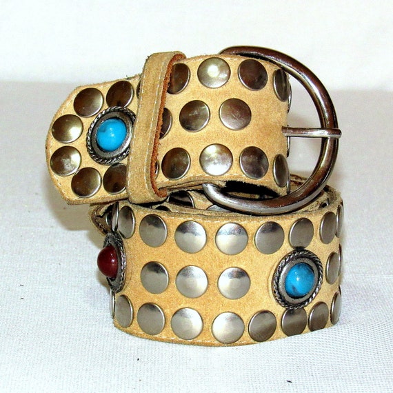Vintage Studded Leather Belt,Wide Waist Belt,Turqu