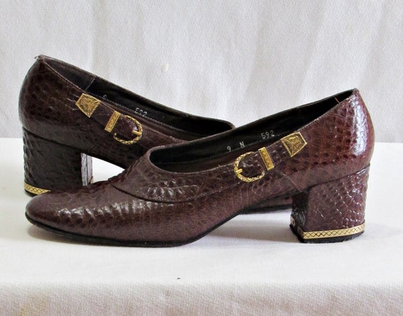 Exotic 1960s Brown Leather Block Heel Loafers- Emb