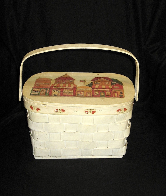 1950s Hand-painted Basket Purse with Store Fronts/