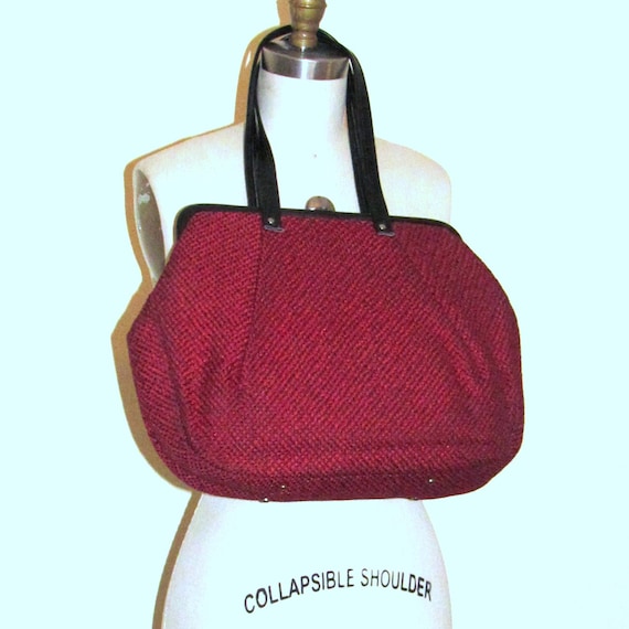 Large Red Carpet Bag, 1950s Tweed Carpet Bag, Bla