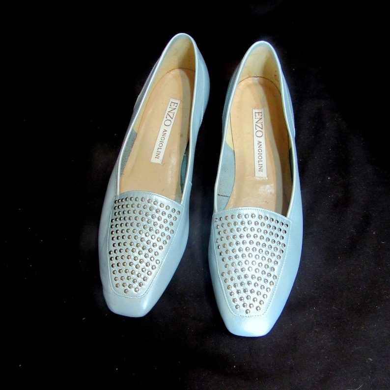 Vintage Studded Flat Shoes Womens Baby Blue Leather Loafers Slip On Shoes Sz 9.5M Made in Brazil