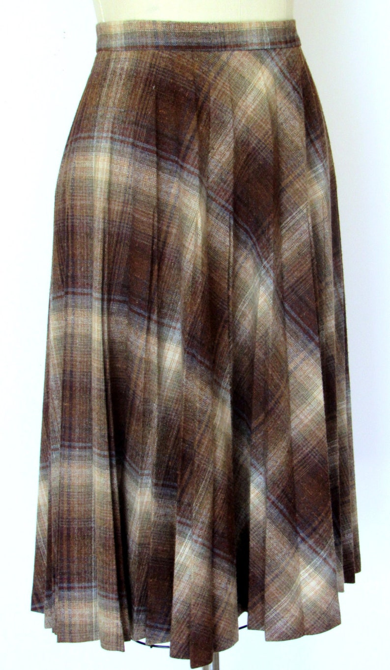 Vintage wool plaid skirt 1960s brownbeige pleated skirt size small 26 waist