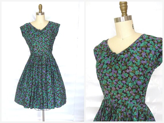 1950s Dress/ 50s Floral Cotton Dress/ Jade Green a