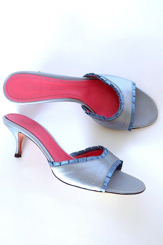 Vintage Baby Blue Satin Mules Open Toe Kitten Hee