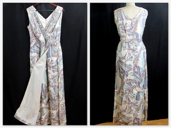 1950s Floral Hostess Dress- 50s Maxi Hostess Gown