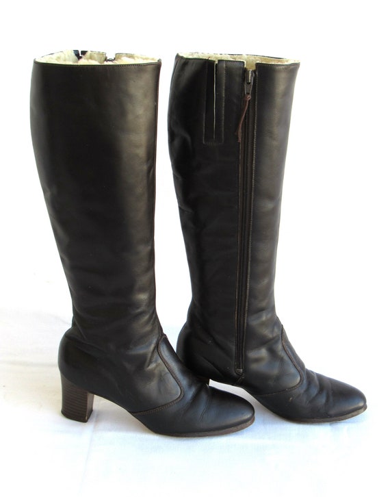 1960 Brown Leather Boots- Fur Lined, 60s Mod Go G