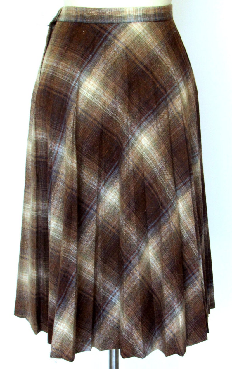 Vintage wool plaid skirt 1960s brownbeige pleated skirt size small 26 waist