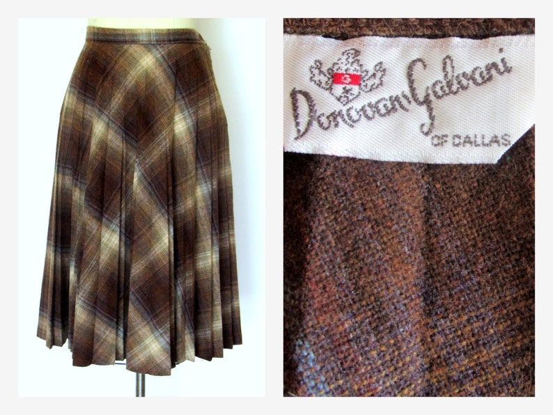 Vintage wool plaid skirt 1960s brownbeige pleated skirt size small 26 waist