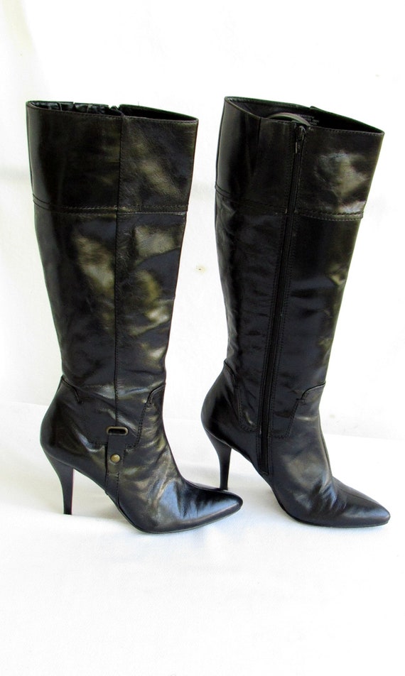 Sz 7.5 Knee Boots Black Leather Stilettos 80s Poin