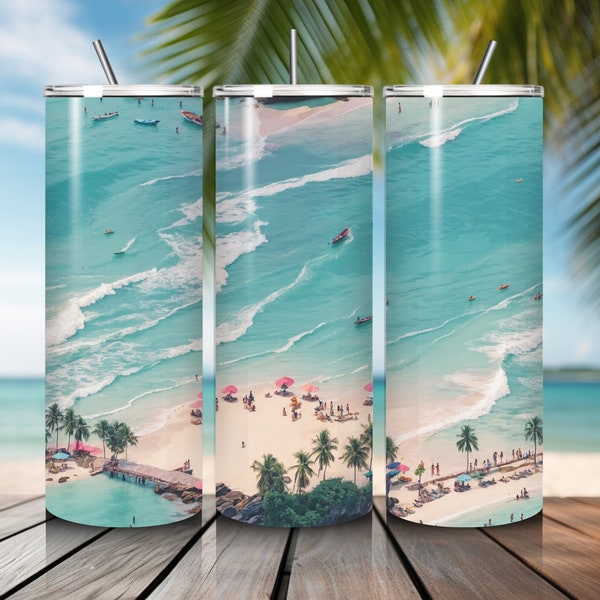 Beautiful Island beach and activities high definition 300 DPI. 20 oz digital skinny tumbler wrap. digital product. 9.3x8.2 inches