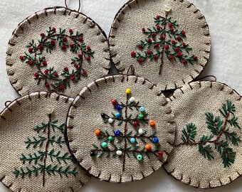 Penny Rug Pink Christmas Feather Tree Wool Ornament Choice of 6 Different Designs