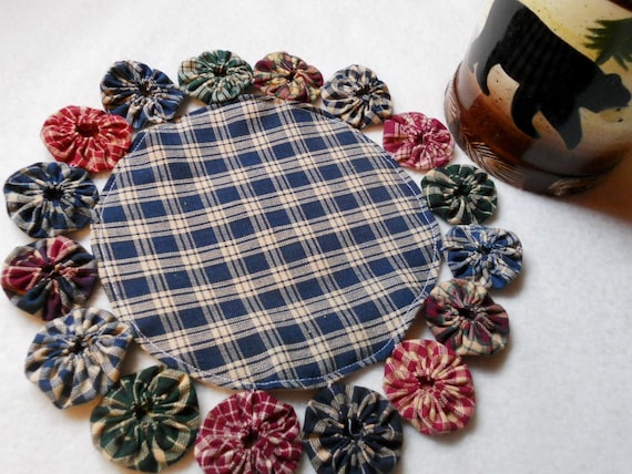 Primitive Country Handmade Candle Mat Multi Color Yo Yo Made in USA