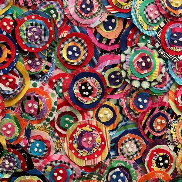 Crazy Patchwork Fabric Flower Embellishments Applique Penny Rug Circles For Junk Journal Slow Stitch Scrapbooking Card Making