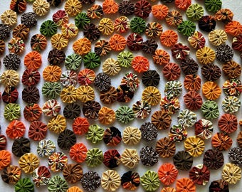 100 Autumn Fall Fabric YoYo Flower Slow Stitch Applique Junk Journal Patch