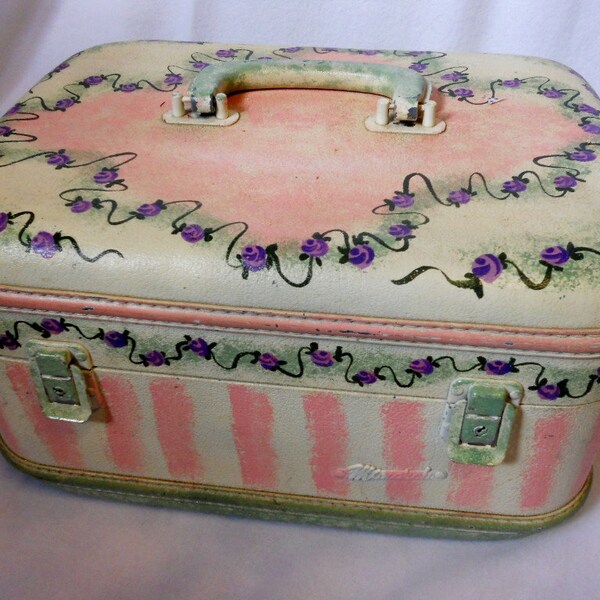 HP Cottage Victorian Train Case Shabby Pink  Chic Wedding Roses Makeup Carrier Photo Prop 1950 Vintage Keepsake Memory Box Handpainted OOAK