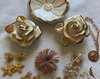 Vintage Gold Earrings Pins Brooch Jewelry and Porcelain Piece 50's